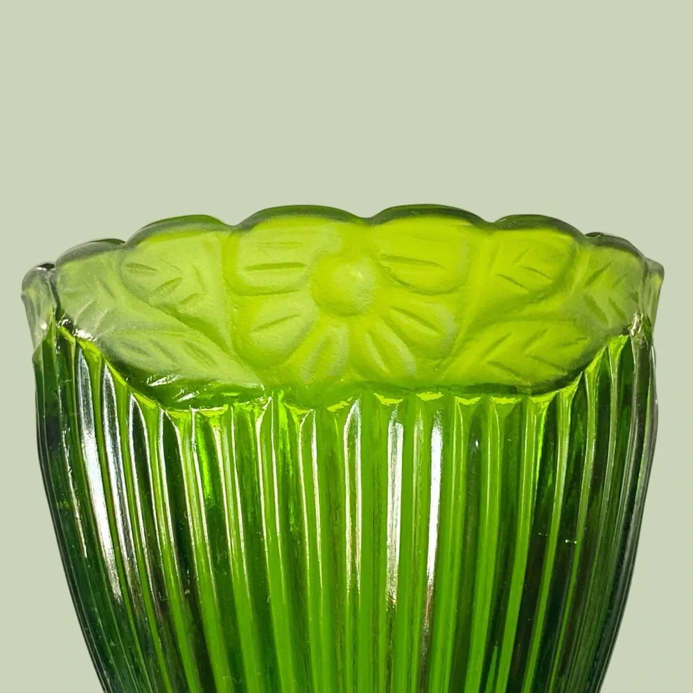 Crate & Barrel Green Glass Frosted and Glossy Ribbed Floral Candle Holder 4.25